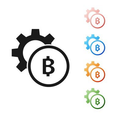 Siyah Cryptocurrency sikke Bitcoin simgesi beyaz arka plan üzerinde izole. Dişli ve Bitcoin ayarı. Blockchain tabanlı güvenli kripto para birimi. Simgeleri renkli ayarlayın. Vektör İllüstrasyonu