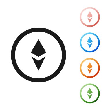 Siyah Cryptocurrency sikke Ethereum Eth simgesi beyaz arka plan üzerinde izole. Altcoin sembolü. Blockchain tabanlı güvenli kripto para birimi. Simgeleri renkli ayarlayın. Vektör İllüstrasyonu