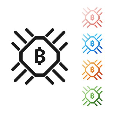 Siyah Cpu madenciliği çiftlik simgesi beyaz arka plan üzerinde izole. Bitcoin işlemci içinde işareti. Kripto para madenciliği topluluğu. Dijital para. Simgeleri renkli ayarlayın. Vektör İllüstrasyonu