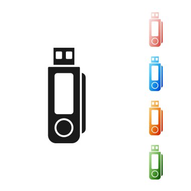 Siyah USB flash disk simgesi beyaz arkaplanda izole edildi. Simgeleri renklendirin. Vektör İllüstrasyonu