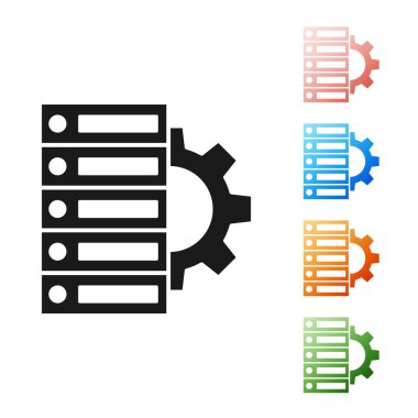 Siyah Sunucu ve dişli simgesi beyaz arka planda yalıtılmış. Uygulama, servis konsepti, ayar seçenekleri, bakım, onarım, sabitleme ayarlama. Simgeleri renkli ayarlayın. Vektör İllüstrasyonu