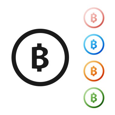 Siyah Cryptocurrency sikke Bitcoin simgesi beyaz arka plan üzerinde izole. Fiziksel biraz para. Blockchain tabanlı güvenli kripto para birimi. Simgeleri renkli ayarlayın. Vektör İllüstrasyonu