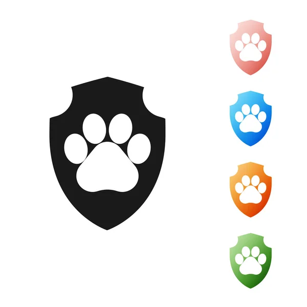 흰색 배경에 고립 된 흑인 동물 건강 보험 아이콘입니다. 애완 동물 보호 아이콘입니다. 개 또는 고양이 발 인쇄. 다채로운 아이콘을 설정합니다. 벡터 일러스트레이션 — 스톡 벡터
