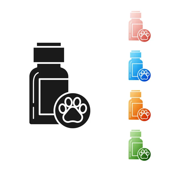 Siyah Köpek ilaç şişe simgesi beyaz arka plan üzerinde izole. Haplarla dolu bir kap. Hayvanlar için reçeteli ilaç. Simgeleri renkli ayarlayın. Vektör İllüstrasyonu — Stok Vektör