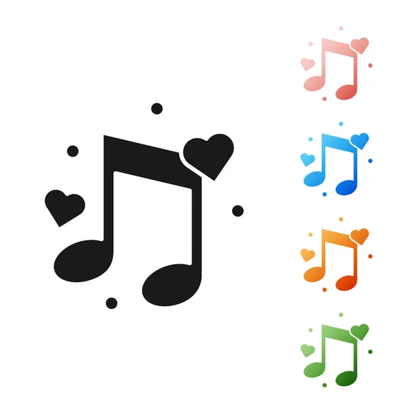 Note de musique noire, ton avec icône de coeur isolé sur fond blanc. Définir des icônes colorées. Illustration vectorielle — Image vectorielle