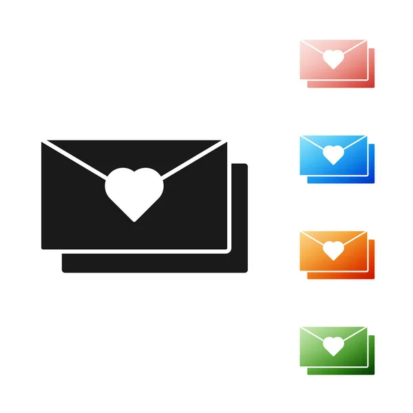 Zwarte envelop met Valentijn hart pictogram geïsoleerd op witte achtergrond. Boodschap liefde. Letter liefde en romantiek. Stel pictogrammen kleurrijk. Vector illustratie — Stockvector