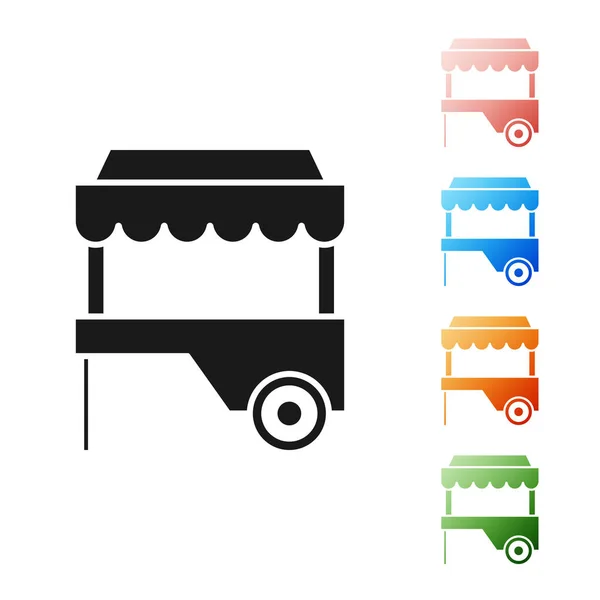 Schwarzer Streetfood-Wagen mit Markisensymbol auf weißem Hintergrund. Stadtkiosk. setzen Symbole bunt. Vektorillustration — Stockvektor