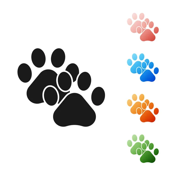 Icono de impresión de pata negra aislado sobre fondo blanco. Huella de pata de perro o gato. Rastreo animal. Establecer iconos de colores. Ilustración vectorial — Vector de stock