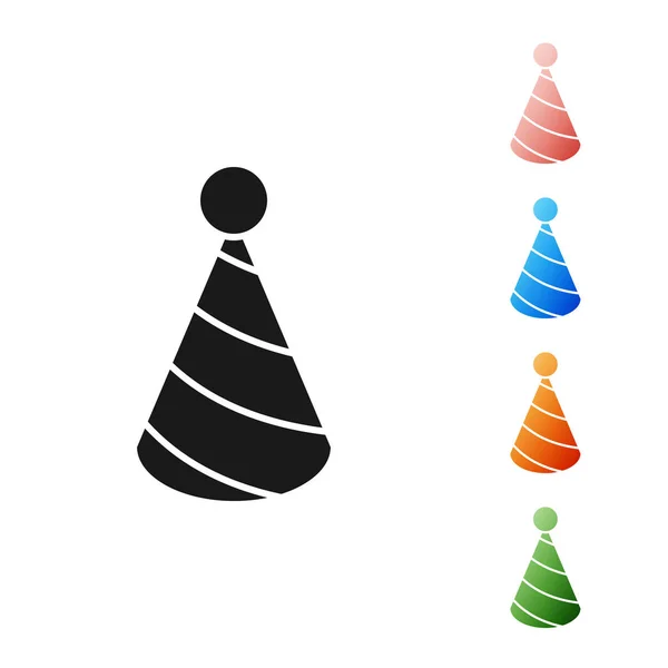 흰색 배경에 고립 된 블랙 파티 모자 아이콘입니다. 생일 모자입니다. 다채로운 아이콘을 설정합니다. 벡터 일러스트레이션 — 스톡 벡터