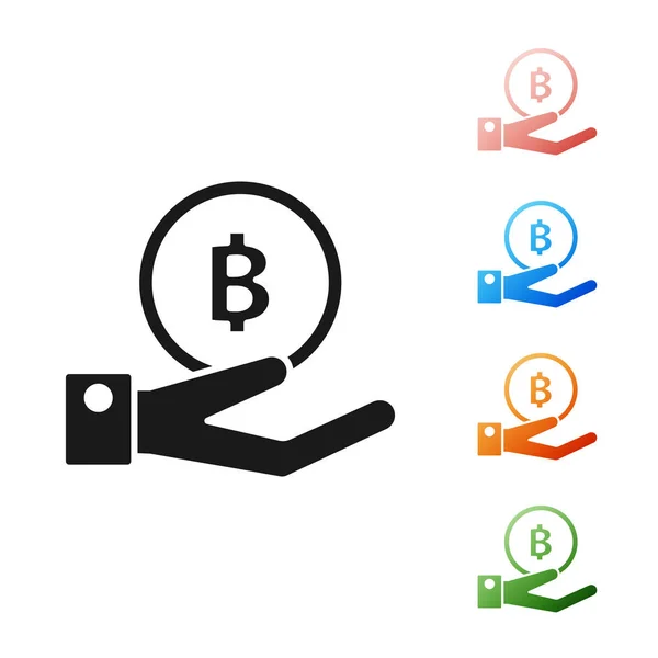 Mano negra sosteniendo el icono de Bitcoin aislado sobre fondo blanco. Tecnología de cadena de bloques, mercado de dinero digital, billetera criptomoneda. Establecer iconos de colores. Ilustración vectorial — Vector de stock