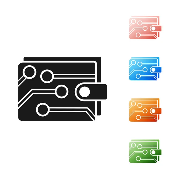 Black cryptocurrency plånboks ikon isolerad på vit bakgrund. Plånbok och Bitcoin tecken. Gruv koncept. Pengar, betalning, kontanter, pay-ikonen. Ange ikoner färgglada. Vektor illustration — Stock vektor