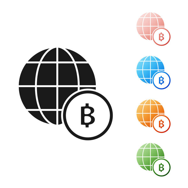 Black Globe and cryptocurrency coin Bitcoin icon isolated on white background. Physical bit coin. Blockchain based secure crypto currency. Set icons colorful. Vector Illustration