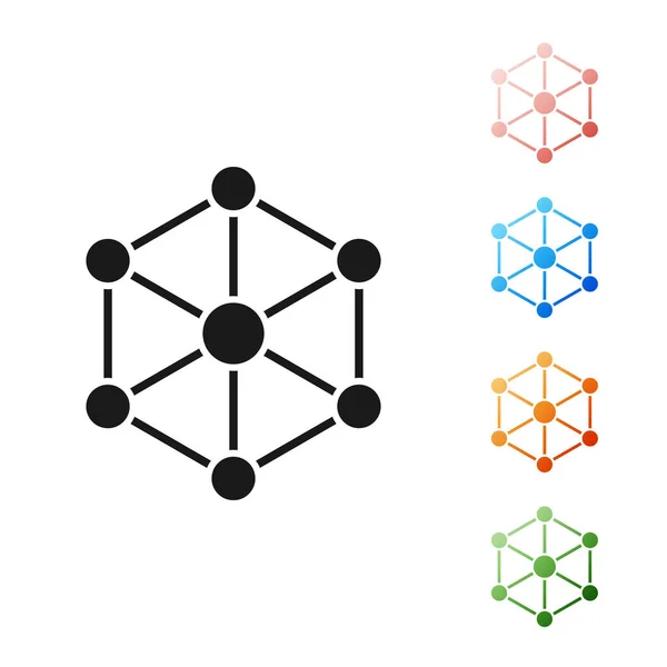 Czarna ikona technologii Blockchain na białym tle. Dane kryptowaluta. Abstrakcyjny łańcuch geometryczny sieci technologii biznesowych. Ustaw kolorowe ikony. Ilustracja wektorowa — Wektor stockowy