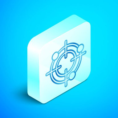 Mavi arka plan üzerinde izole rekabet simgesi çekim için izometrik çizgi Hedef spor. Atış poligonu veya tabanca atışı için numaralarla hedefi temizleyin. Gümüş kare düğme. Vektör İllüstrasyonu