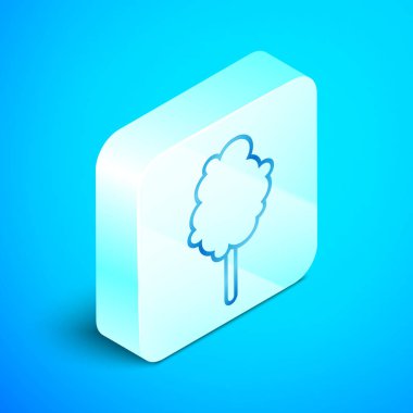 İzometrik çizgi Pamuk şeker simgesi mavi arka plan üzerinde izole. Gümüş kare düğme. Vektör İllüstrasyonu