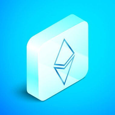 İzometrik çizgi Cryptocurrency sikke Ethereum Eth simgesi mavi arka plan üzerinde izole. Altcoin sembolü. Blockchain tabanlı güvenli kripto para birimi. Gümüş kare düğme. Vektör İllüstrasyonu