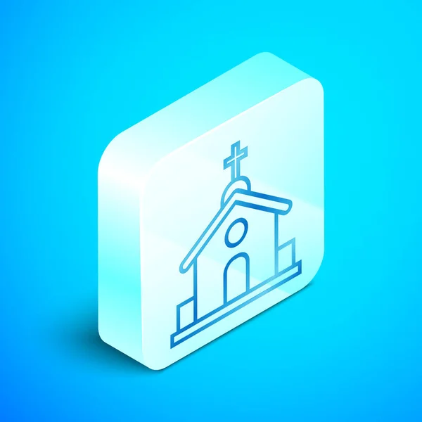 Icono de edificio de la iglesia de línea isométrica aislado sobre fondo azul. Iglesia Cristiana. Religión de la iglesia. Botón cuadrado plateado. Ilustración vectorial — Archivo Imágenes Vectoriales