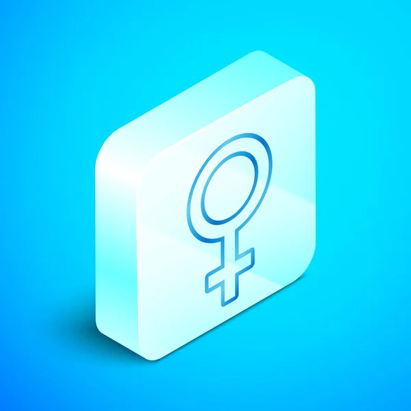 Linha isométrica Ícone de símbolo de gênero feminino isolado no fundo azul. Símbolo de Vénus. O símbolo de um organismo feminino ou mulher. Botão quadrado de prata. Ilustração vetorial — Vetor de Stock