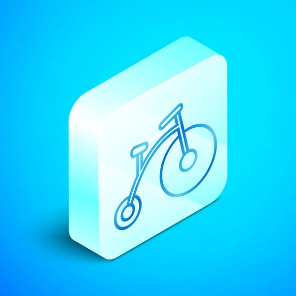 Línea isométrica Bicicleta vintage con una gran rueda y un pequeño icono aislado sobre fondo azul. Bicicleta señal de transporte público. Botón cuadrado plateado. Ilustración vectorial — Vector de stock