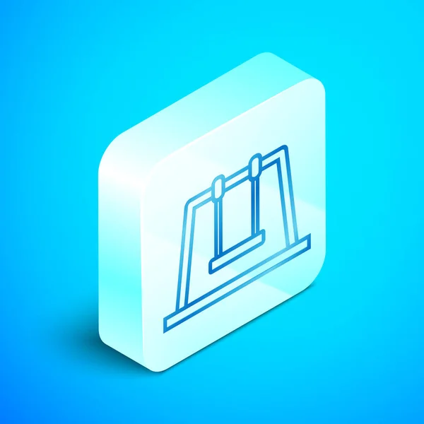 Isométrique ligne Balançoire icône isolée sur fond bleu. Symbole de terrain de jeu. Bouton carré argenté. Illustration vectorielle — Image vectorielle