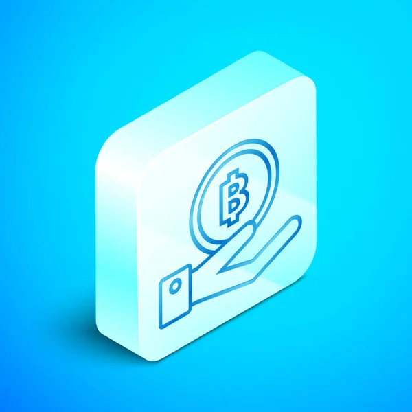 Ligne isométrique Main tenant Bitcoin icône isolée sur fond bleu. Technologie blockchain, marché monétaire numérique, portefeuille cryptocoin. Bouton carré argenté. Illustration vectorielle — Image vectorielle