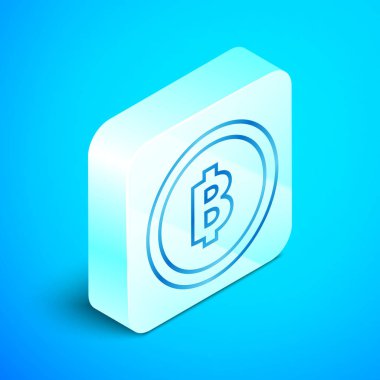 Mavi arka planda izole edilmiş izometrik çizgi Cryptocurrency sikke Bitcoin simgesi. Fiziksel biraz para. Blockchain tabanlı güvenli kripto para birimi. Gümüş kare düğme. Vektör İllüstrasyonu