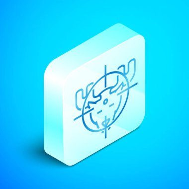 Mavi arka plan üzerinde izole artı işareti simgesi ile geyik üzerinde izometrik çizgi Hunt. Geyik ve hedef ile Avcılık kulübü logosu. Tüfek merceği bir geyiği hedef almış. Gümüş kare düğme. Vektör İllüstrasyonu