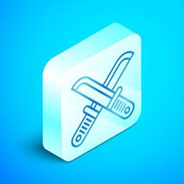 İzometrik çizgi Mavi arka plan üzerinde izole avcı bıçak simgesi çapraz. Çakısı. Gümüş kare düğme. Vektör İllüstrasyonu