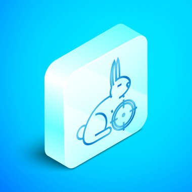 Mavi arka plan üzerinde izole artı işareti simgesi ile tavşan üzerinde izometrik çizgi Hunt. Tavşan ve hedef ile Avcılık kulübü logosu. Tüfek lensbir tavşan hedefleyen. Gümüş kare düğme. Vektör İllüstrasyonu
