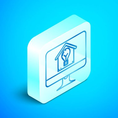 Mavi arka plan üzerinde izole akıllı ev ve ampul simgesi ile izometrik hat Bilgisayar monitörü. Gümüş kare düğme. Vektör İllüstrasyonu