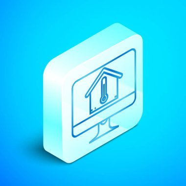 İzometrik hat Ev sıcaklığı simgesi mavi arka plan üzerinde izole ile Bilgisayar monitörü. Termometre simgesi. Gümüş kare düğme. Vektör İllüstrasyonu