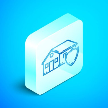 İzometrik hat House koruma simgesi altında mavi arka plan üzerinde izole. Koruma, güvenlik, güvenlik, koruma, savunma konsepti. Gümüş kare düğme. Vektör İllüstrasyonu
