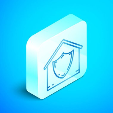 İzometrik hat House koruma simgesi altında mavi arka plan üzerinde izole. Koruma, güvenlik, güvenlik, koruma, savunma konsepti. Gümüş kare düğme. Vektör İllüstrasyonu