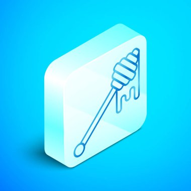 İzometrik çizgi Bal dipper mavi arka plan üzerinde izole bal simgesi damlama sopa. Bal kepçesi. Gümüş kare düğme. Vektör İllüstrasyonu