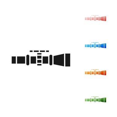 Siyah Sniper optik görüş simgesi beyaz arka plan üzerinde izole. Keskin nişancı kapsamı artı işareti. Simgeleri renkli ayarlayın. Vektör İllüstrasyonu