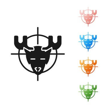 Siyah Hunt beyaz arka plan üzerinde izole artı işareti simgesi ile geyik üzerinde. Geyik ve hedef ile Avcılık kulübü logosu. Tüfek merceği bir geyiği hedef almış. Simgeleri renkli ayarlayın. Vektör İllüstrasyonu