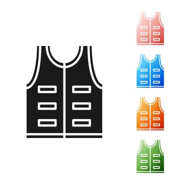 Siyah Avcılık ceket simgesi beyaz arka plan üzerinde izole. Av yeleği. Simgeleri renkli ayarlayın. Vektör İllüstrasyonu