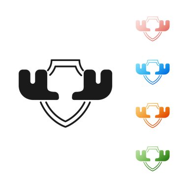 Beyaz arka planda izole kalkan simgesi üzerinde Siyah Geyik boynuzları. Duvarda av ganimeti. Simgeleri renkli ayarlayın. Vektör İllüstrasyonu