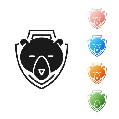 Beyaz arka planda izole kalkan simgesi üzerinde Siyah Ayı baş. Duvarda av ganimeti. Simgeleri renkli ayarlayın. Vektör İllüstrasyonu