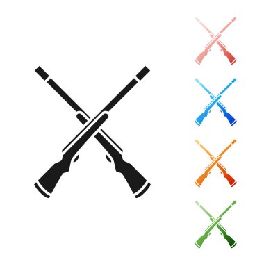 Siyah İki beyaz arka plan üzerinde izole av tüfeği simgesi çapraz. Av silahı. Simgeleri renkli ayarlayın. Vektör İllüstrasyonu