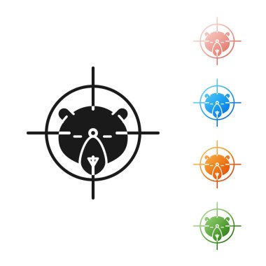 Beyaz arka planda izole artı işareti simgesi ile ayı üzerinde Siyah Hunt. Ayı ve hedef ile Avcılık kulübü logosu. Tüfek merceği bir ayıyı hedef almış. Simgeleri renkli ayarlayın. Vektör İllüstrasyonu