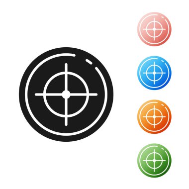 Siyah Hedef spor çekim rekabet simgesi beyaz arka plan üzerinde izole için. Atış mesafesi veya atış için numaralarla hedefi temizleyin. Simgeleri renkli ayarlayın. Vektör İllüstrasyonu