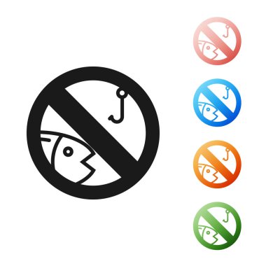 Siyah Beyaz arka planda izole edilmiş balıkçılık simgesi yok. Yasaklama işareti. Simgeleri renkli ayarlayın. Vektör İllüstrasyonu