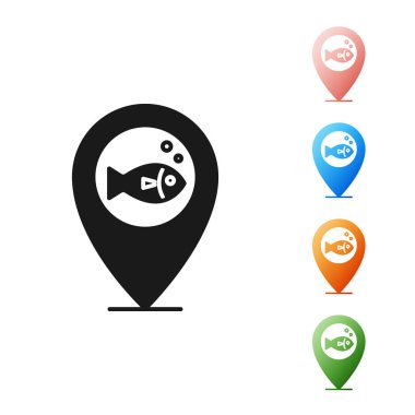 Siyah Konum balıkçılık simgesi beyaz arka planda yalıtılmış. Balıkçı yeri. Simgeleri renkli ayarlayın. Vektör İllüstrasyonu