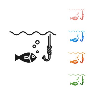 Beyaz arka plan üzerinde izole balık simgesi ile su altında Siyah Balıkçılık kanca. Olta takımı. Simgeleri renkli ayarlayın. Vektör İllüstrasyonu