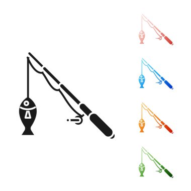 Siyah Olta ve balık simgesi beyaz arka plan üzerinde izole. Balıkçılık ekipmanları ve balık yetiştiriciliği konuları. Simgeleri renkli ayarlayın. Vektör İllüstrasyonu