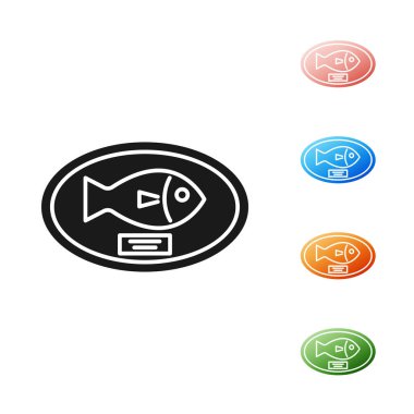 Siyah Balık kupa tahta simgesi beyaz arka plan üzerinde izole asılı. Duvarda balık avı ganimeti. Simgeleri renkli ayarlayın. Vektör İllüstrasyonu