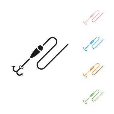 Siyah Olta hattı kanca ve float simgesi beyaz arka plan üzerinde izole ile. Olta takımı. Simgeleri renkli ayarlayın. Vektör İllüstrasyonu