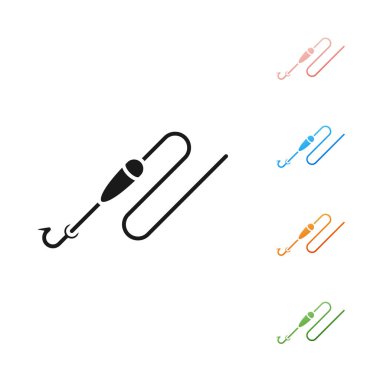 Siyah Olta hattı kanca ve float simgesi beyaz arka plan üzerinde izole ile. Olta takımı. Simgeleri renkli ayarlayın. Vektör İllüstrasyonu