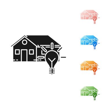 Siyah Akıllı ev ve ampul simgesi beyaz arka plan üzerinde izole. Simgeleri renkli ayarlayın. Vektör İllüstrasyonu